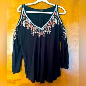 Lucky Brand Black Embroidered Cold Shoulder Blouse, Size L